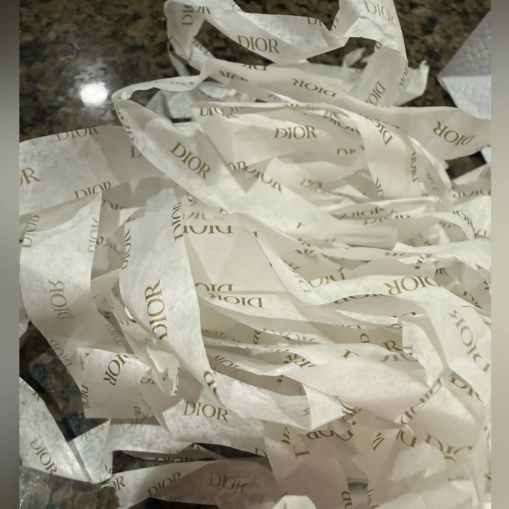 NEW. Authentic DIOR gift wrap set: bag, ribbon, tissue paper, cards + envelope